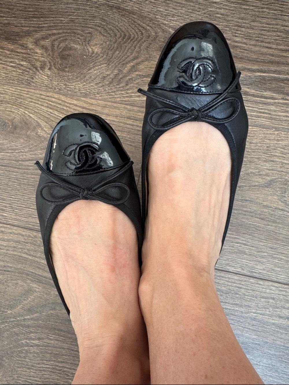 CHANEL Black Patent Cap-Toe Bow Ballet Flats